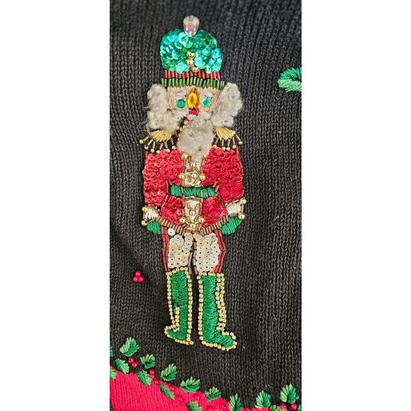 Vtg Christmas Cardigan Sweater Petite Small Victoria Jones Beaded 3D Nutcrackers - Picture 7 of 10